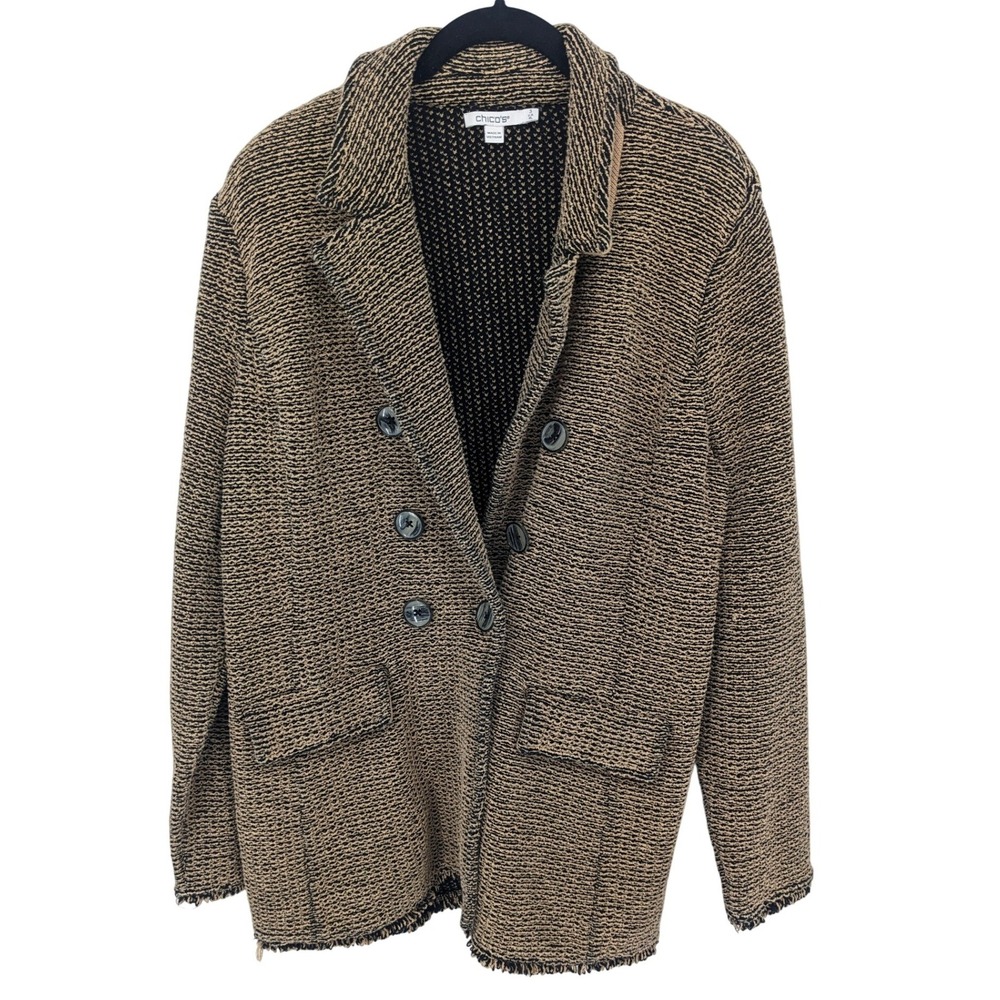 Chicos Notch Collar Blazer Women XL Brown Textured Double Breasted Fringe Jacket